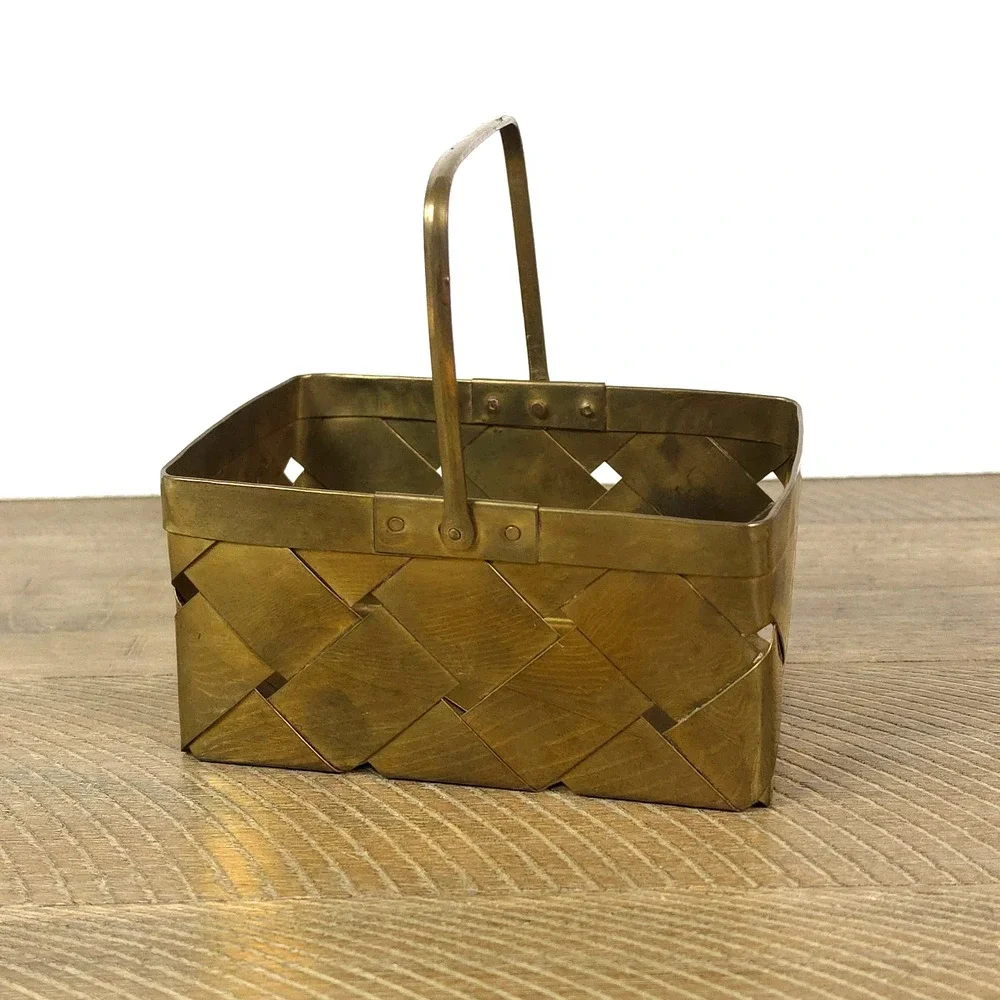 Vintage Brass Basket Woven Metal Brass with Handle